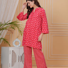 Red Pure Cotton 3/4 Sleeve Mandarin Collar Floral Print Printed Top & Pant Co-Ord Set For Women Mizaz Jaipur