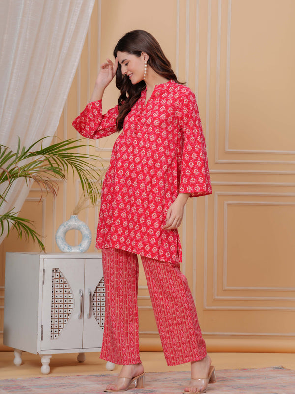 Red Pure Cotton 3/4 Sleeve Mandarin Collar Floral Print Printed Top & Pant Co-Ord Set For Women Mizaz Jaipur