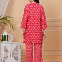 Red Pure Cotton 3/4 Sleeve Mandarin Collar Floral Print Printed Top & Pant Co-Ord Set For Women Mizaz Jaipur
