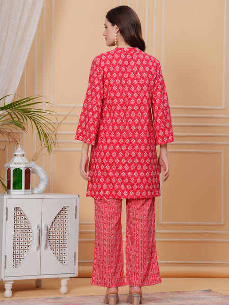 Red Pure Cotton 3/4 Sleeve Mandarin Collar Floral Print Printed Top & Pant Co-Ord Set For Women Mizaz Jaipur