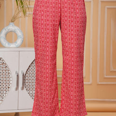 Red Pure Cotton 3/4 Sleeve Mandarin Collar Floral Print Printed Top & Pant Co-Ord Set For Women Mizaz Jaipur