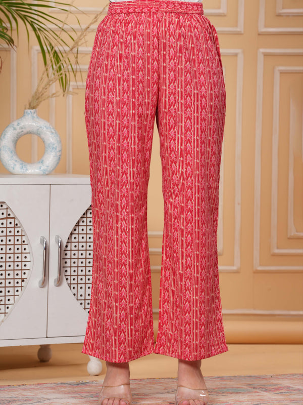 Red Pure Cotton 3/4 Sleeve Mandarin Collar Floral Print Printed Top & Pant Co-Ord Set For Women Mizaz Jaipur