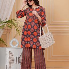 Navy Blue Pure Cotton 3/4 Sleeve Round Neck Floral Print Printed Top & Pant Co-Ord Set For Women Mizaz Jaipur