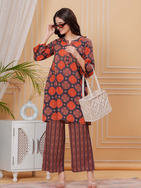 Navy Blue Pure Cotton 3/4 Sleeve Round Neck Floral Print Printed Top & Pant Co-Ord Set For Women Mizaz Jaipur