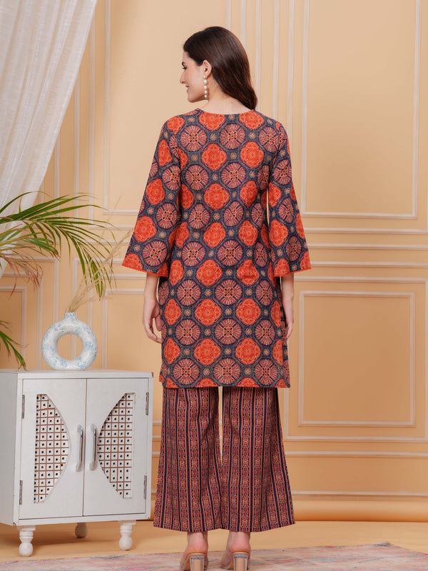 Navy Blue Pure Cotton 3/4 Sleeve Round Neck Floral Print Printed Top & Pant Co-Ord Set For Women Mizaz Jaipur