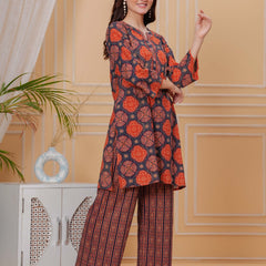 Navy Blue Pure Cotton 3/4 Sleeve Round Neck Floral Print Printed Top & Pant Co-Ord Set For Women Mizaz Jaipur