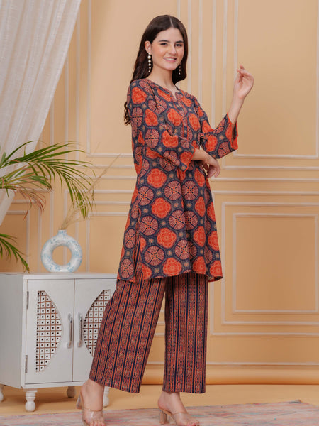 Navy Blue Pure Cotton 3/4 Sleeve Round Neck Floral Print Printed Top & Pant Co-Ord Set For Women Mizaz Jaipur