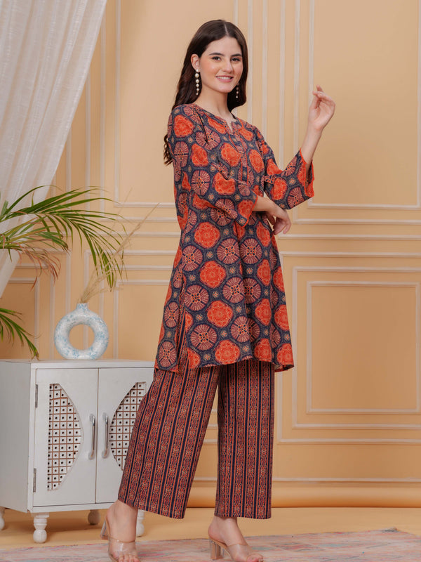 Navy Blue Pure Cotton 3/4 Sleeve Round Neck Floral Print Printed Top & Pant Co-Ord Set For Women Mizaz Jaipur
