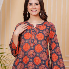 Navy Blue Pure Cotton 3/4 Sleeve Round Neck Floral Print Printed Top & Pant Co-Ord Set For Women Mizaz Jaipur