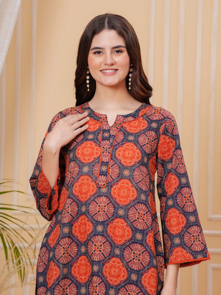 Navy Blue Pure Cotton 3/4 Sleeve Round Neck Floral Print Printed Top & Pant Co-Ord Set For Women Mizaz Jaipur