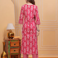 Dark Pink Pure Cotton Floral V Neck Straight Kurta, Pant & Dupatta Set For Women Mizaz Jaipur