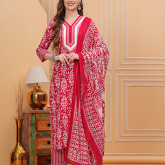 Dark Pink Pure Cotton Floral V Neck Straight Kurta, Pant & Dupatta Set For Women Mizaz Jaipur