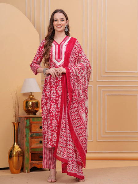 Dark Pink Pure Cotton Floral V Neck Straight Kurta, Pant & Dupatta Set For Women Mizaz Jaipur