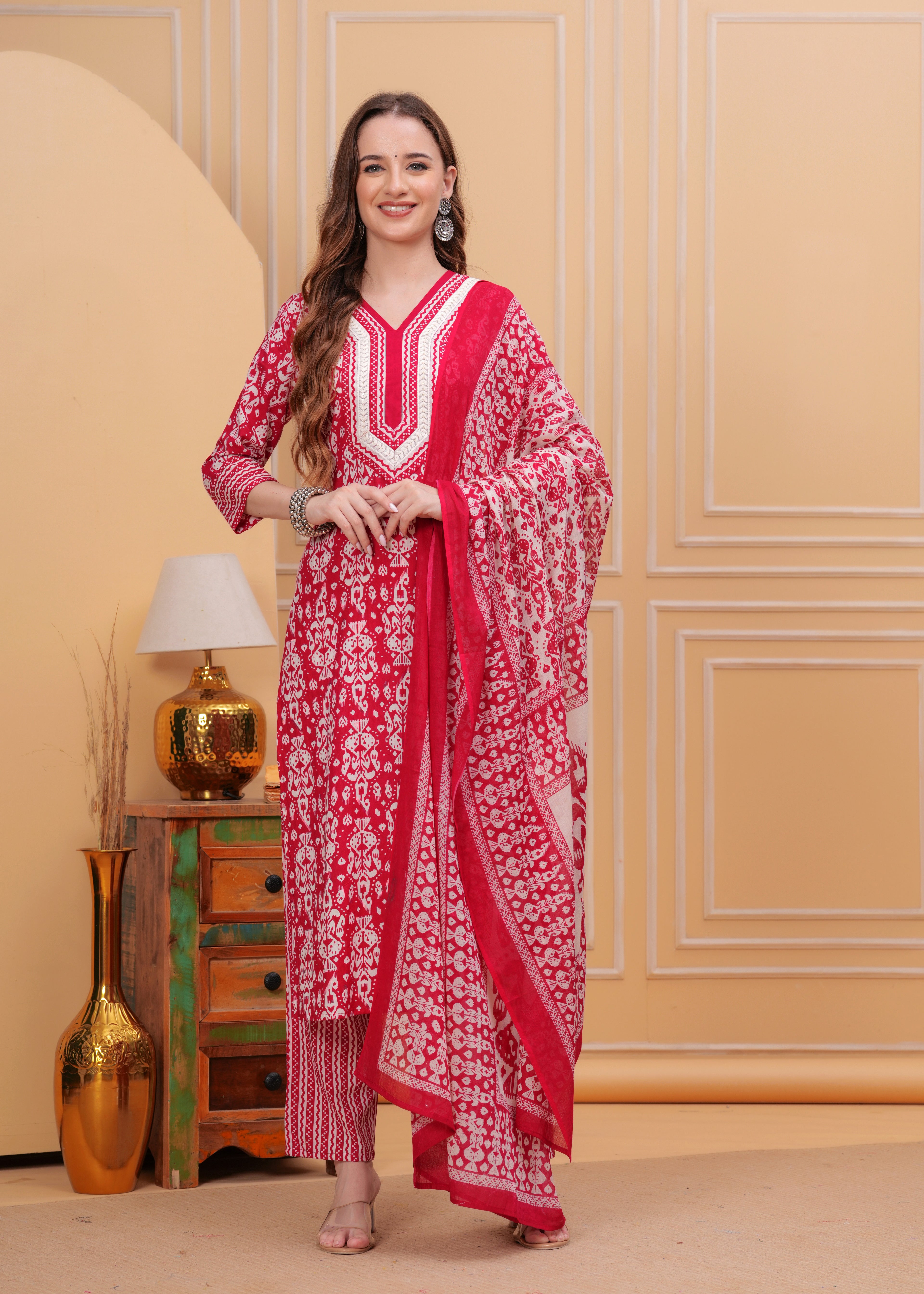 Dark Pink Pure Cotton Floral V Neck Straight Kurta, Pant & Dupatta Set For Women Mizaz Jaipur