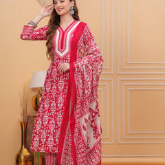 Dark Pink Pure Cotton Floral V Neck Straight Kurta, Pant & Dupatta Set For Women Mizaz Jaipur