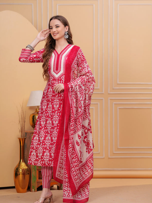 Dark Pink Pure Cotton Floral V Neck Straight Kurta, Pant & Dupatta Set For Women Mizaz Jaipur