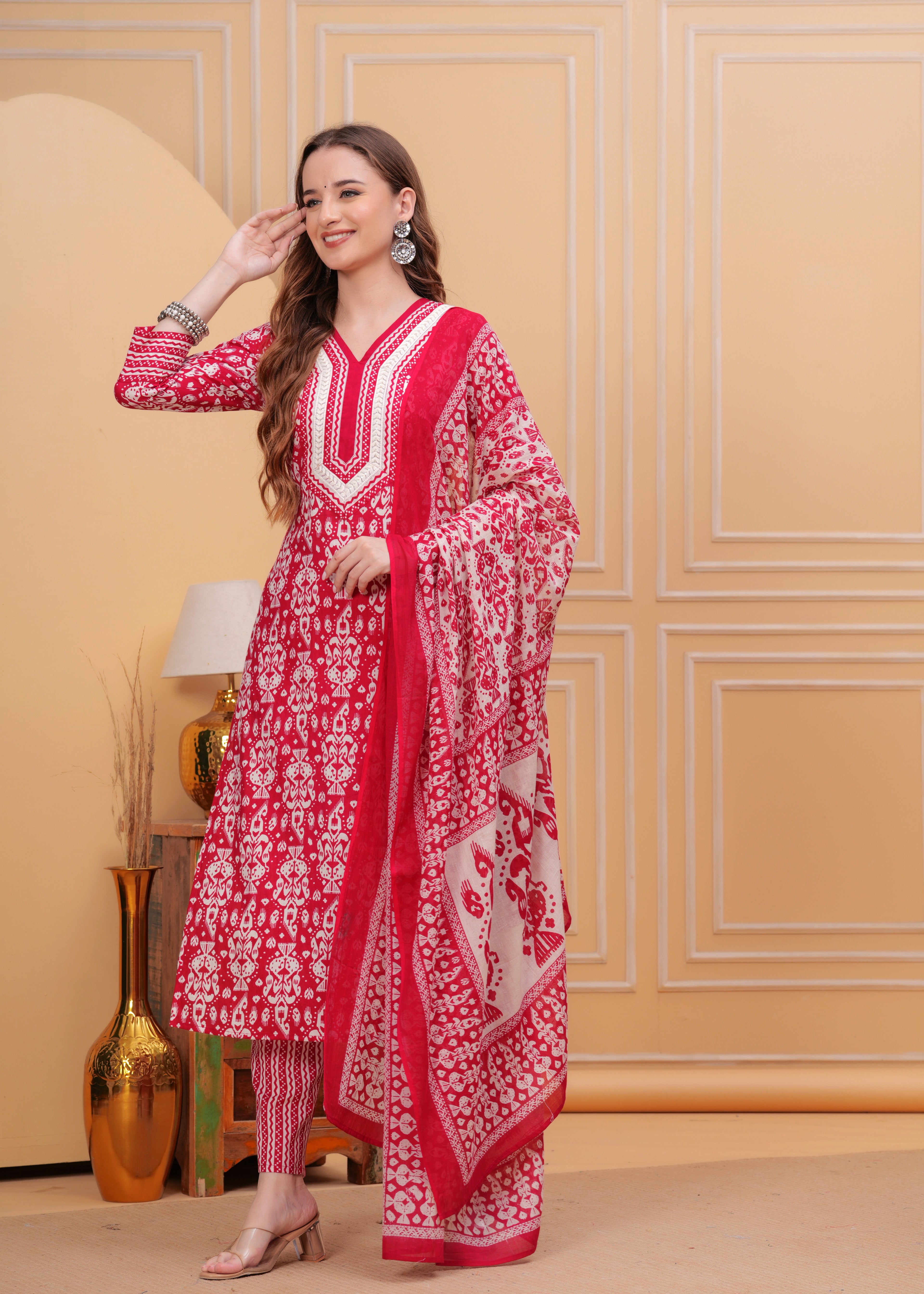 Dark Pink Pure Cotton Floral V Neck Straight Kurta, Pant & Dupatta Set For Women Mizaz Jaipur