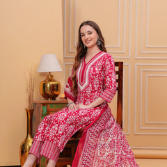 Dark Pink Pure Cotton Floral V Neck Straight Kurta, Pant & Dupatta Set For Women Mizaz Jaipur