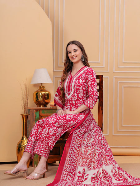Dark Pink Pure Cotton Floral V Neck Straight Kurta, Pant & Dupatta Set For Women Mizaz Jaipur