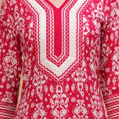 Dark Pink Pure Cotton Floral V Neck Straight Kurta, Pant & Dupatta Set For Women Mizaz Jaipur