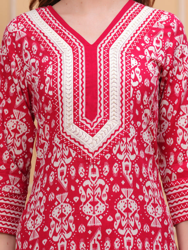 Dark Pink Pure Cotton Floral V Neck Straight Kurta, Pant & Dupatta Set For Women Mizaz Jaipur