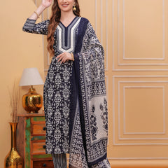 Navy Blue Pure Cotton Floral V-Neck Straight Kurta, Pant & Dupatta Set For Women Mizaz Jaipur