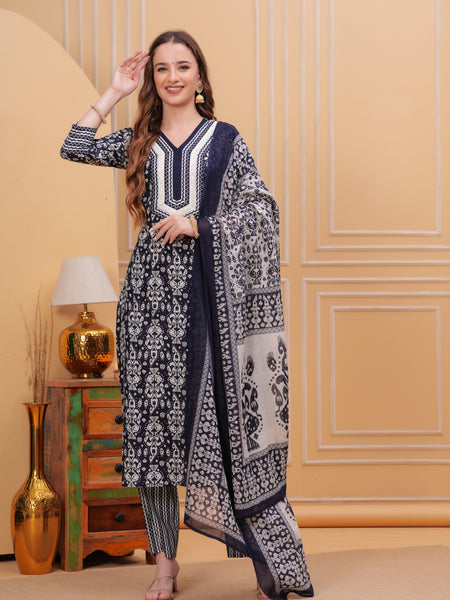 Navy Blue Pure Cotton Floral V-Neck Straight Kurta, Pant & Dupatta Set For Women Mizaz Jaipur