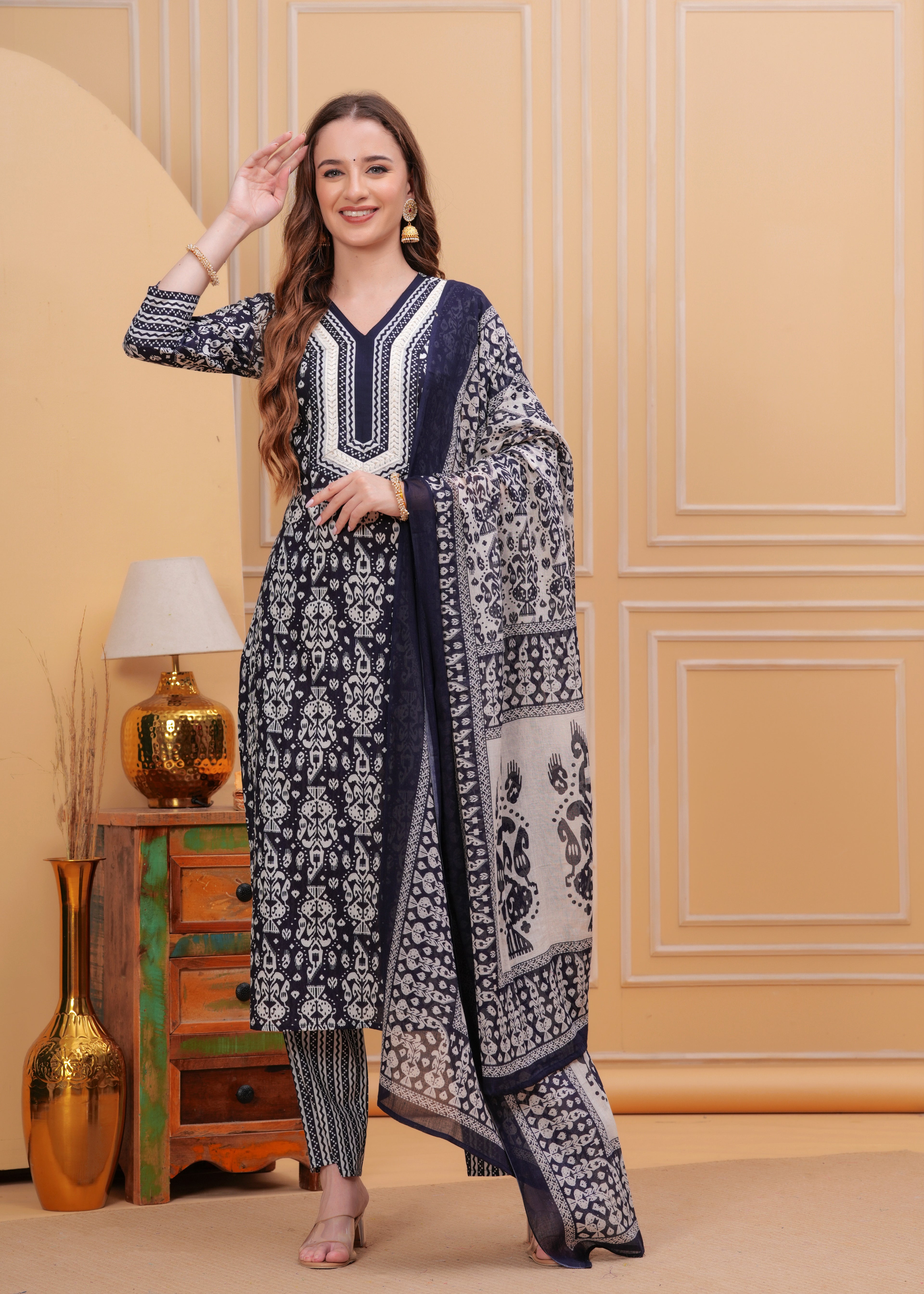Navy Blue Pure Cotton Floral V-Neck Straight Kurta, Pant & Dupatta Set For Women Mizaz Jaipur