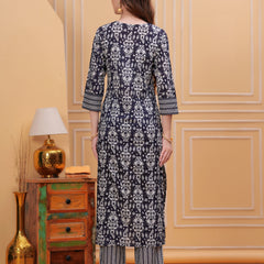 Navy Blue Pure Cotton Floral V-Neck Straight Kurta, Pant & Dupatta Set For Women Mizaz Jaipur