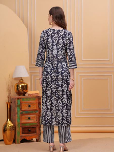 Navy Blue Pure Cotton Floral V-Neck Straight Kurta, Pant & Dupatta Set For Women Mizaz Jaipur