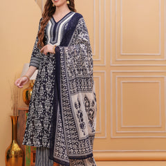 Navy Blue Pure Cotton Floral V-Neck Straight Kurta, Pant & Dupatta Set For Women Mizaz Jaipur