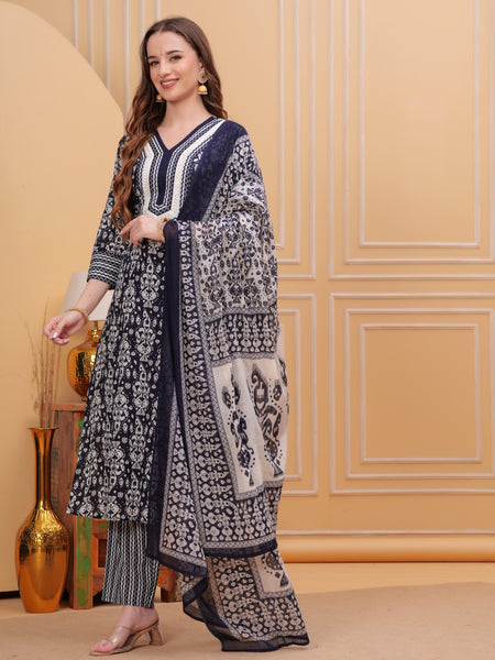Navy Blue Pure Cotton Floral V-Neck Straight Kurta, Pant & Dupatta Set For Women Mizaz Jaipur