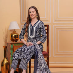 Navy Blue Pure Cotton Floral V-Neck Straight Kurta, Pant & Dupatta Set For Women Mizaz Jaipur