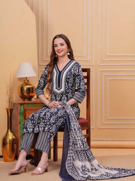 Navy Blue Pure Cotton Floral V-Neck Straight Kurta, Pant & Dupatta Set For Women Mizaz Jaipur