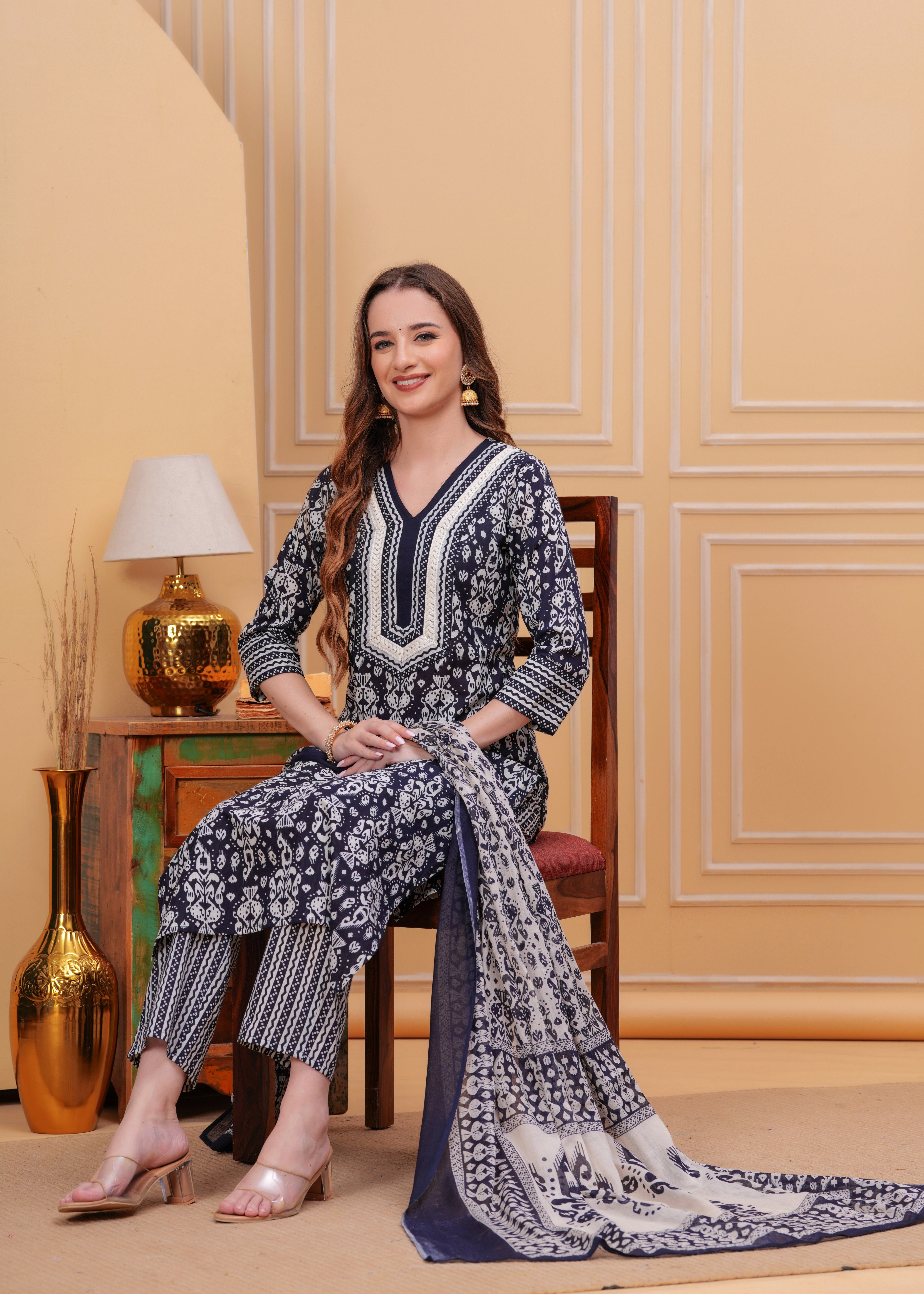 Navy Blue Pure Cotton Floral V-Neck Straight Kurta, Pant & Dupatta Set For Women Mizaz Jaipur