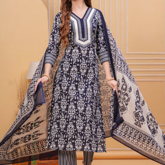 Navy Blue Pure Cotton Floral V-Neck Straight Kurta, Pant & Dupatta Set For Women Mizaz Jaipur