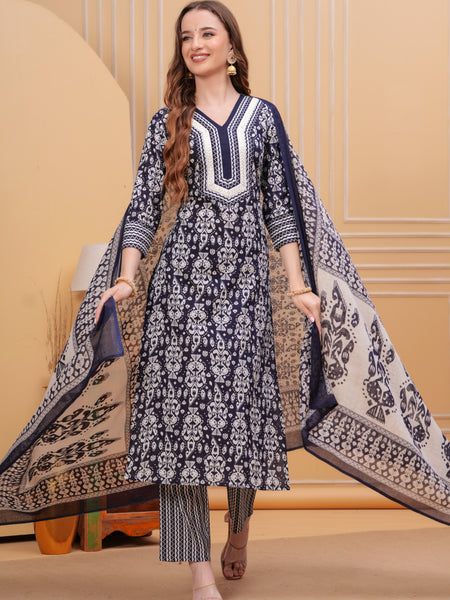 Navy Blue Pure Cotton Floral V-Neck Straight Kurta, Pant & Dupatta Set For Women Mizaz Jaipur