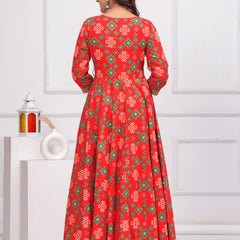 Red Pure Cotton Floral V Neck Angarkha Kurta, Pant & Dupatta Set For Women Mizaz Jaipur
