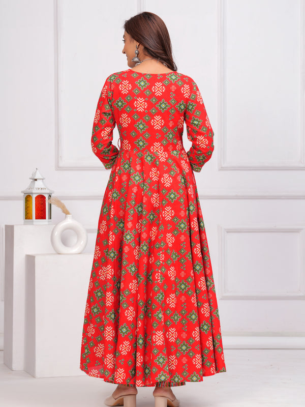 Red Pure Cotton Floral V Neck Angarkha Kurta, Pant & Dupatta Set For Women Mizaz Jaipur