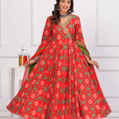 Red Pure Cotton Floral V Neck Angarkha Kurta, Pant & Dupatta Set For Women Mizaz Jaipur