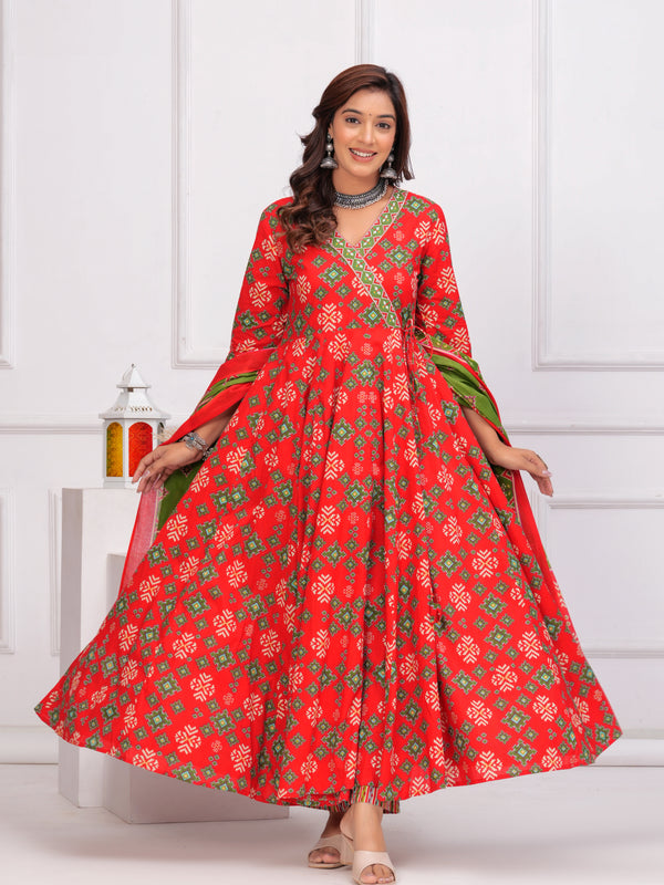 Red Pure Cotton Floral V Neck Angarkha Kurta, Pant & Dupatta Set For Women Mizaz Jaipur