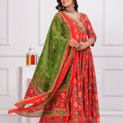 Red Pure Cotton Floral V Neck Angarkha Kurta, Pant & Dupatta Set For Women Mizaz Jaipur
