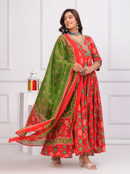 Red Pure Cotton Floral V Neck Angarkha Kurta, Pant & Dupatta Set For Women Mizaz Jaipur
