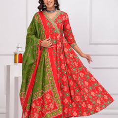 Red Pure Cotton Floral V Neck Angarkha Kurta, Pant & Dupatta Set For Women Mizaz Jaipur