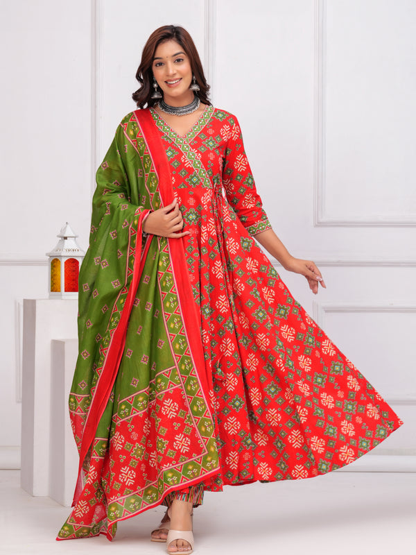 Red Pure Cotton Floral V Neck Angarkha Kurta, Pant & Dupatta Set For Women Mizaz Jaipur