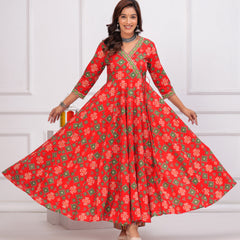 Red Pure Cotton Floral V Neck Angarkha Kurta, Pant & Dupatta Set For Women Mizaz Jaipur