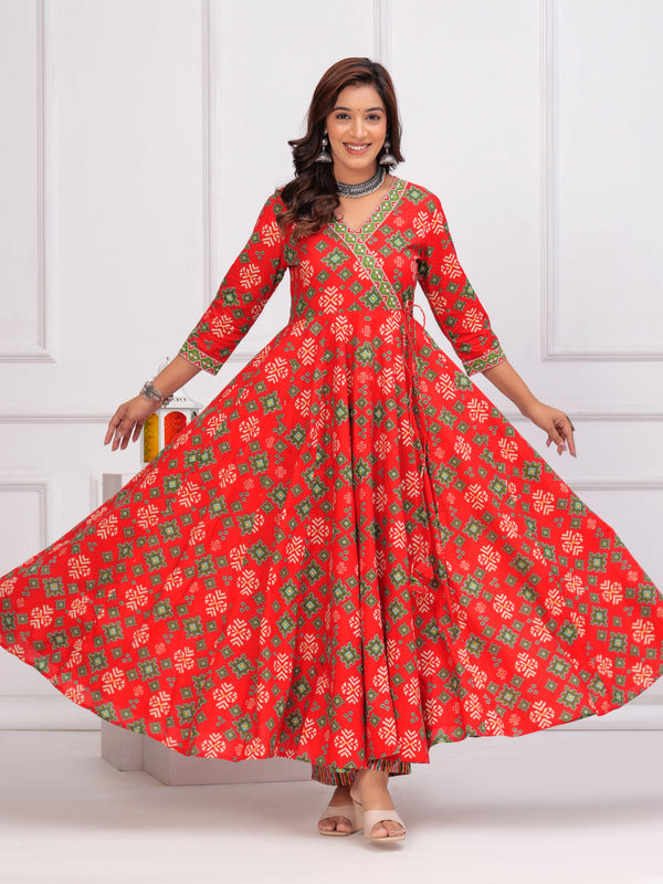 Red Pure Cotton Floral V Neck Angarkha Kurta, Pant & Dupatta Set For Women Mizaz Jaipur