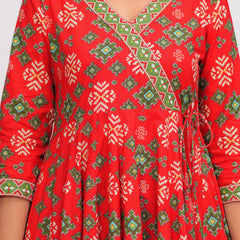 Red Pure Cotton Floral V Neck Angarkha Kurta, Pant & Dupatta Set For Women Mizaz Jaipur