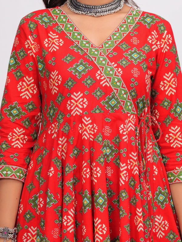Red Pure Cotton Floral V Neck Angarkha Kurta, Pant & Dupatta Set For Women Mizaz Jaipur