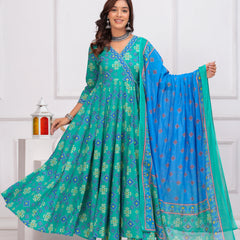 Sea Green Pure Cotton Floral V Neck Angrakha Kurta, Pant & Dupatta Set For Women Mizaz Jaipur